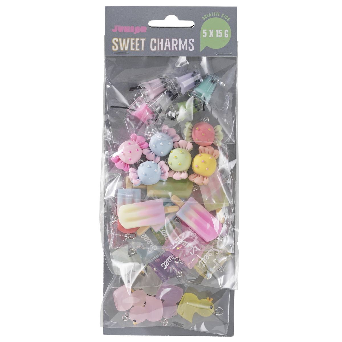 Hängen charms, 30 st. i 5 olika söta & färgglada designer | Panduro