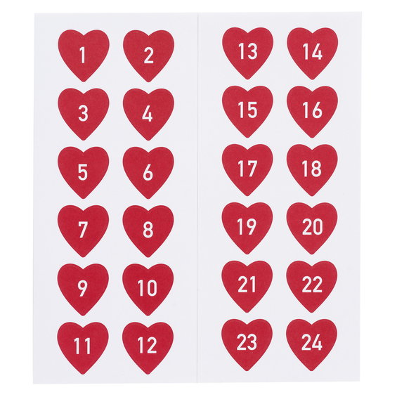 24 Stickers / klistermärken 1–24 med röda hjärtan