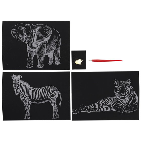 Engraving/skrabekunst vilde dyr guld – 3 stk. A4-motiv (210x297 mm) med guldbaggrund