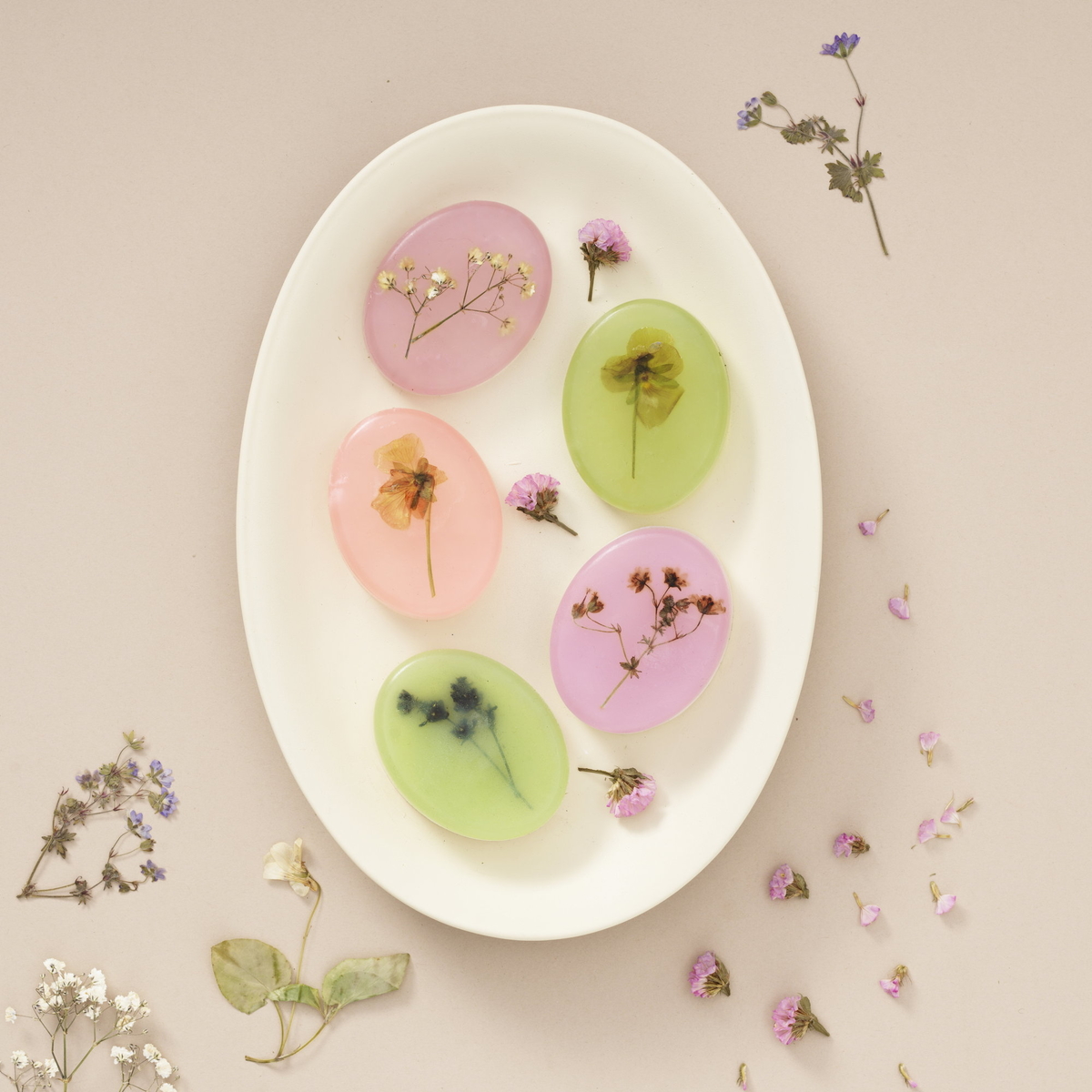 Decorate soap with dried flowers