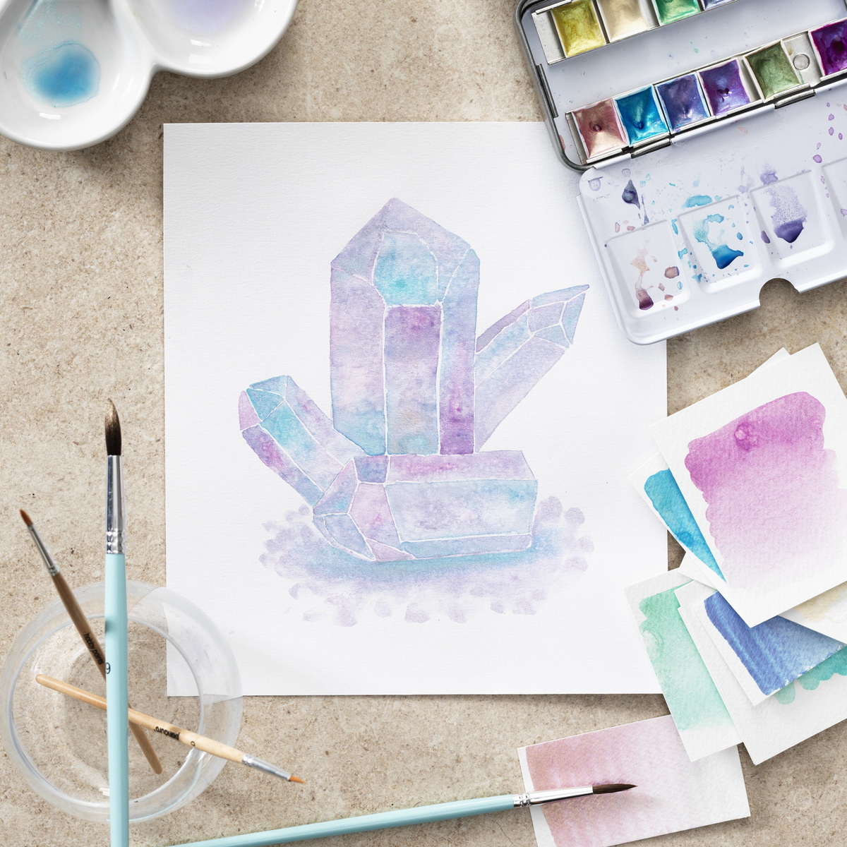 Måla iriserande akvarellkristaller